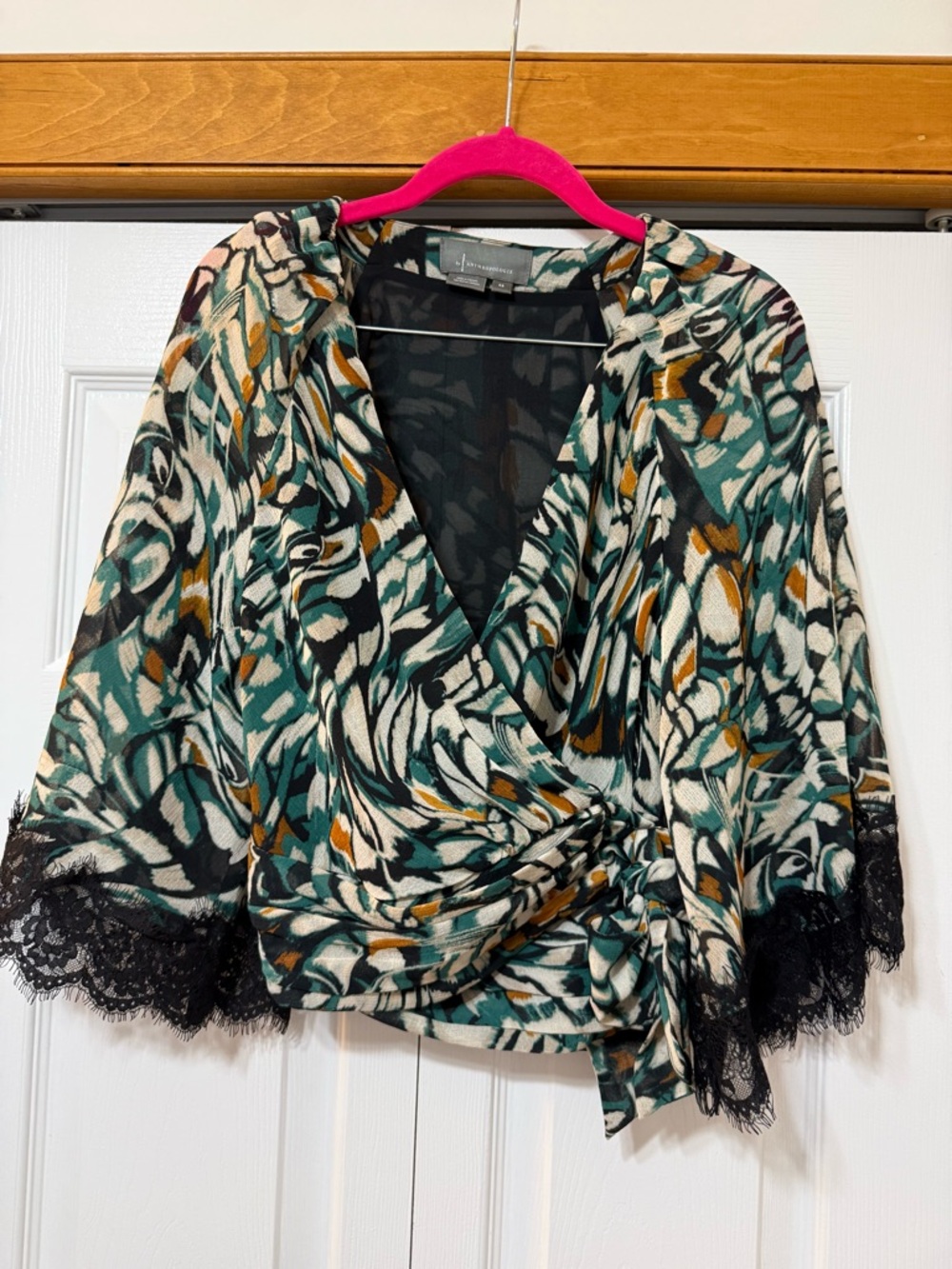 Anthropologie Teal, Black & Cream Abstract Print Top XS